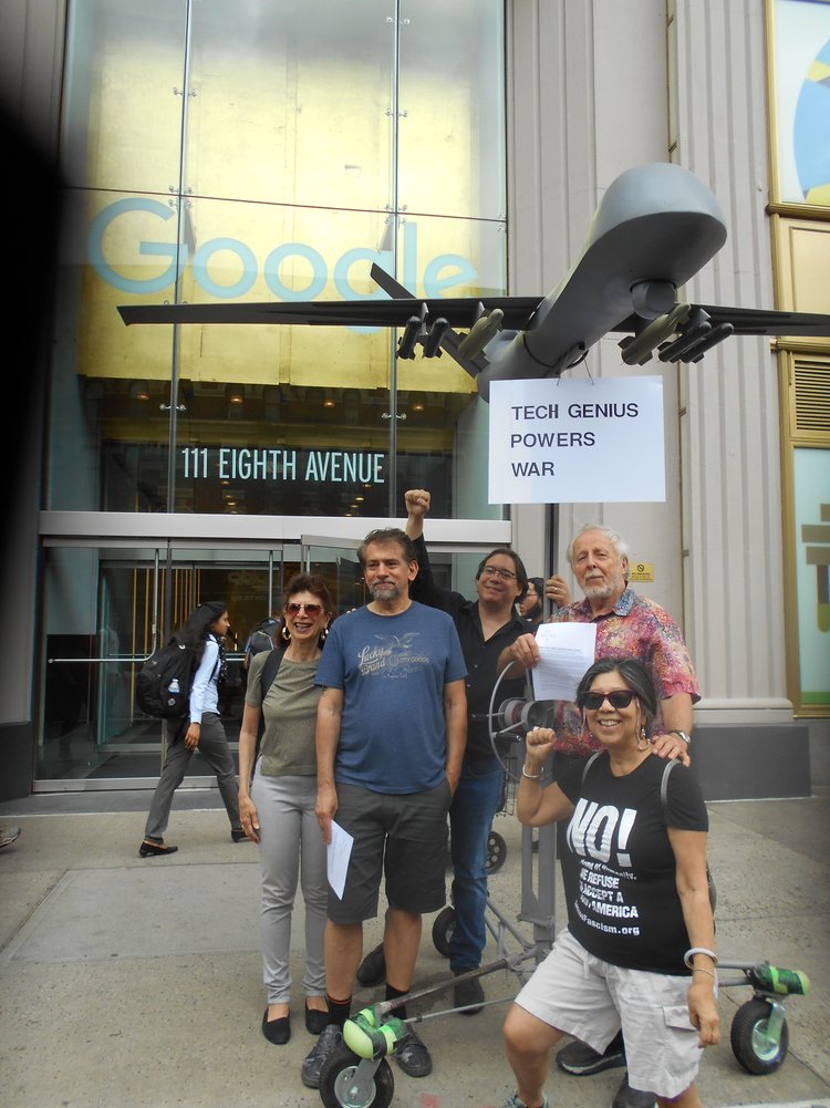Stephanie Rugoff, Marc Eliot Stein, Richie Marini, Nick Mottern and Janet Yip pose after leafleting Google employees at its New York City office, June 27, 2018.
