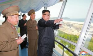 North Korean leader Kim Jong-un inspects the construction site of the Wonsan-Kalma coastal tourist area. Photograph: KCNA/Reuters