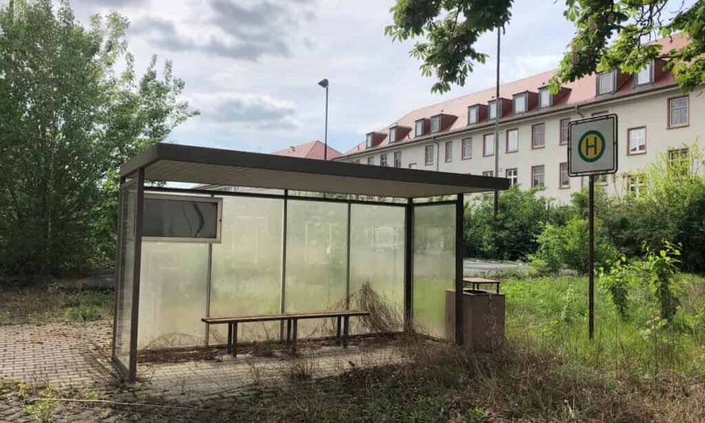 Nature reclaims a bus stop once used to ferry soldiers around the Patton Barracks.