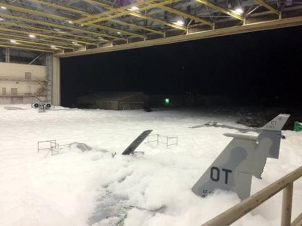 It took two minutes for the carcinogenic aqueous film forming foam (AFFF) to cover the 90,000 square foot hanger with 3 feet of foam at Eglin AF Base, Florida. - via youmustvotenato / Reddit