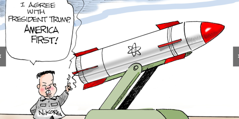 cartoon depicting North Korea nuclear threat on US