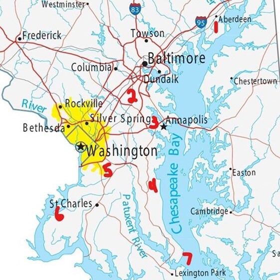 map showing military bases in Maryland