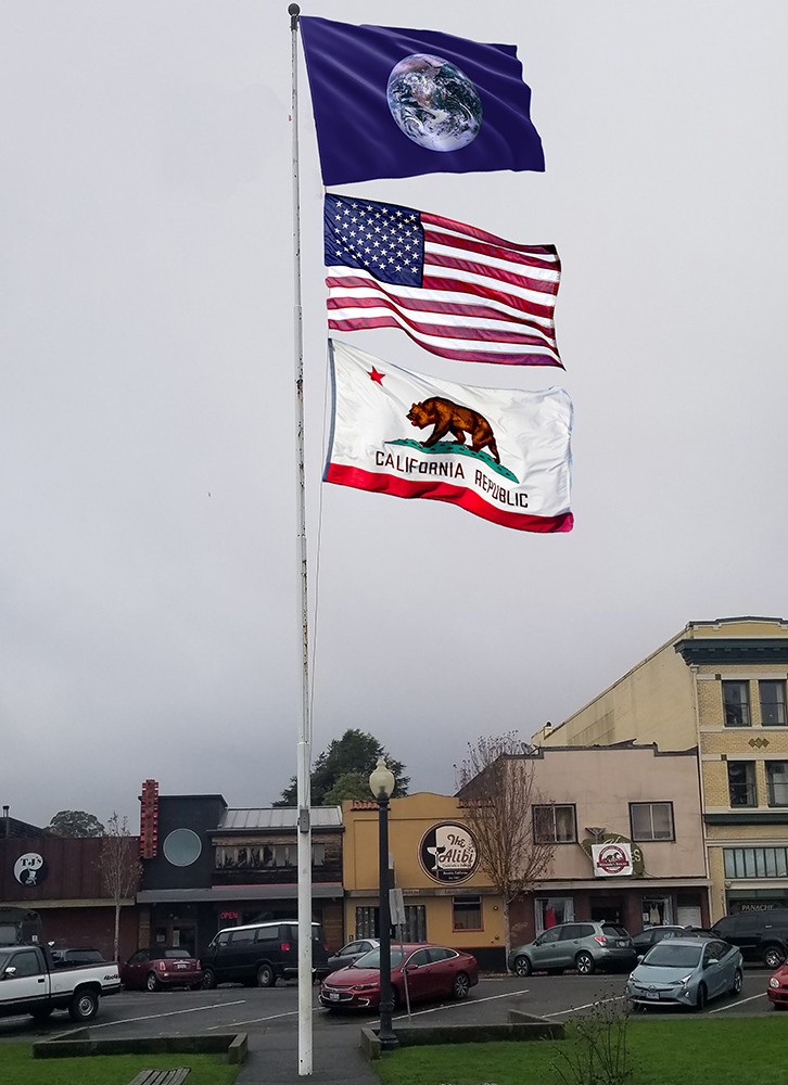 earth flag, us flag, california flag on flagpole