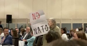Laurel disrupting a public-relations presentation by Canadian Foreign Minister Melanie Joly and her German homologue Annalena Baerbock. The event was hosted by the Montreal Chamber of Commerce. She carries a sign that reads No NATO, Peace as others look on.