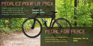 Image of bicycle on a wooded trail with the text Pedal for Peace