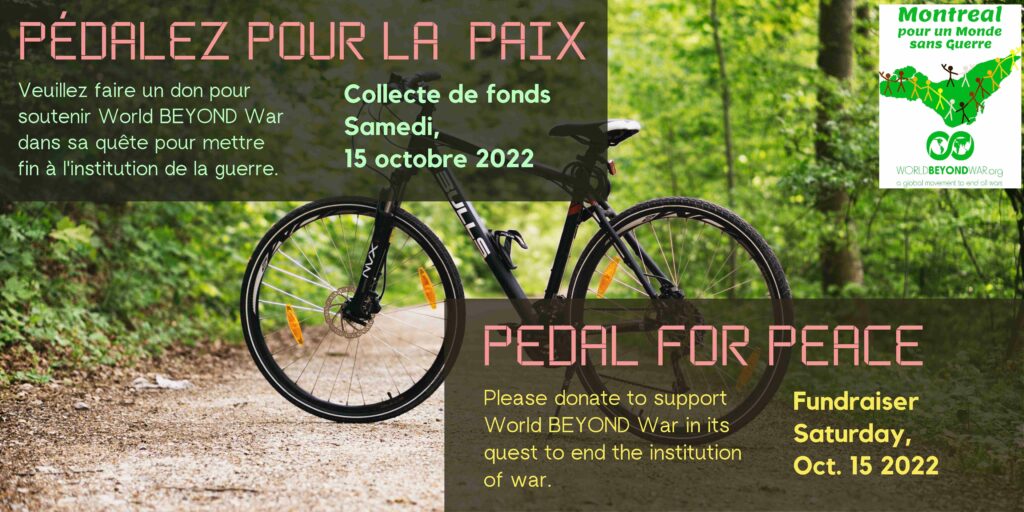 Image of bicycle on a wooded trail with the text Pedal for Peace