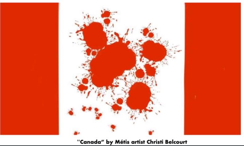 Canada flag with red splatter instead of leaf in the middle