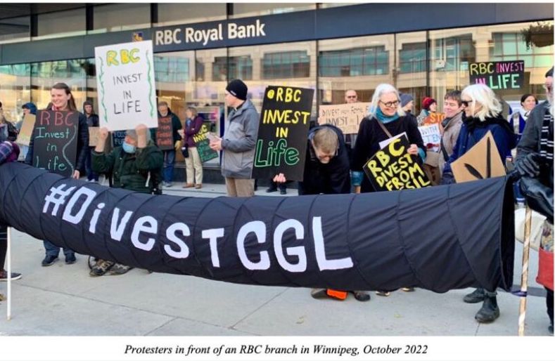 Protesters in front of an RBC branch in Winnipeg.