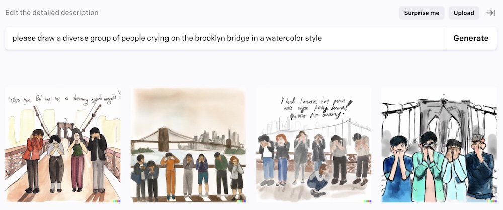 A DALL-E prompt reading "please draw a diverse group of people crying on the brooklyn bridge in a watercolor style" followed by 4 images produced by image generator