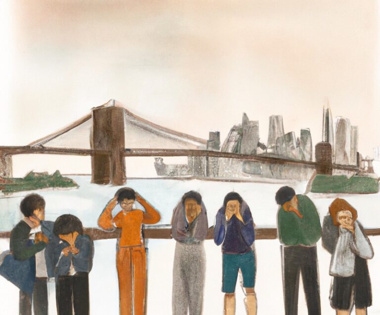 computer-generated simulated watercolor of 7 people crying in front of the brooklyn bridge