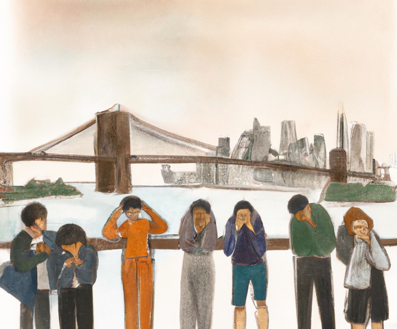 ブルックリンの橋の前で泣いている 7 人の人物をコンピューターで生成した模擬水彩画