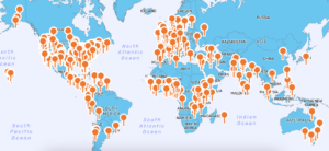 Map of world with markers indicating 900+ organizations that signed WBW's peace pledge