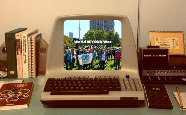 The World BEYOND War podcast on a vintage personal computer