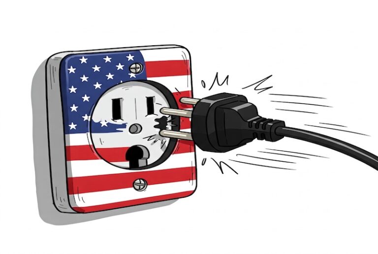 AI-generated image of an electrical cable being yanked from a wall outlet decorated like an American flag.