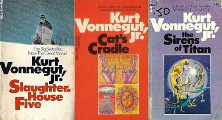 Three vintage Kurt Vonnegut paperback book covers: Slaughterhouse-Five, Cat's Cradle, The Sirens of Titan