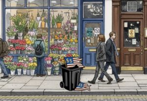 Drawing of a street with people walking past a garbage can filled with thrown-away flags