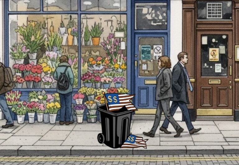 Drawing of a street with people walking past a garbage can filled with thrown-away flags