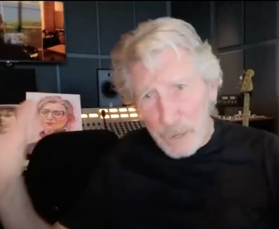 Roger Waters speaking at World BEYOND War Abolisher 2025 event, with picture of Francesca Albanese