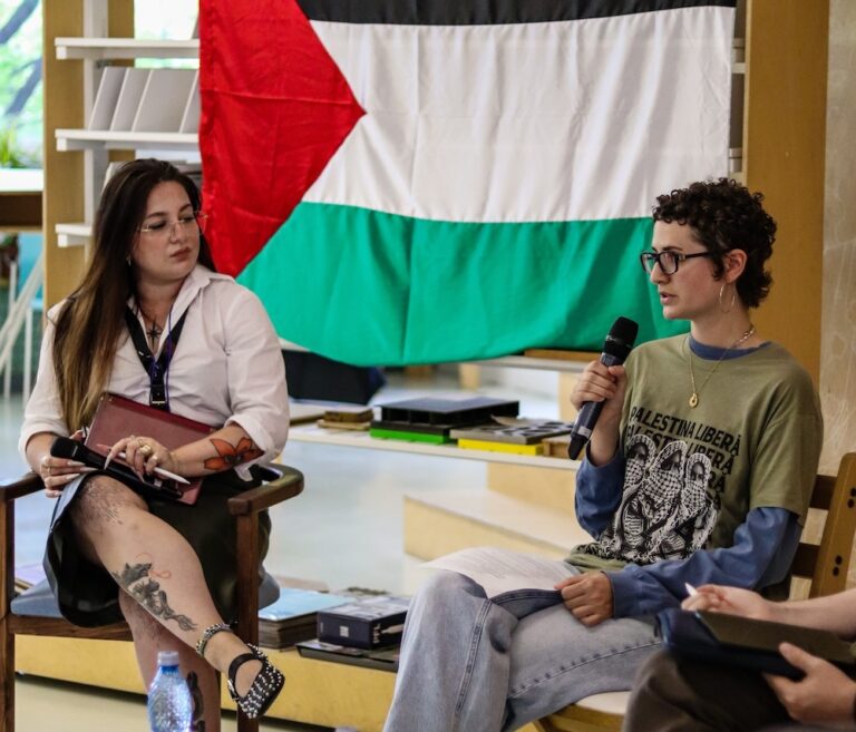 Alex Uibariu and Annachiara Canetta at "From Palestine to the Black Sea" conference in Bucharest, Romania, May 2026