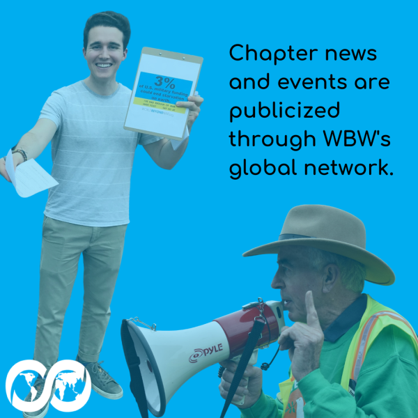 Текст на графике гласит: «Новости и события отделения публикуются через глобальную сеть WBW». На фото волонтер с блокнотом раздает листовки. Еще одна фотография на графике — протестующий, держащий мегафон.